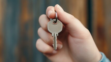  Hand holding a set of house keys in front of their new apartment door, symbolizing a fresh start. 