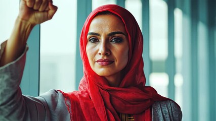 Mature middle eastern woman in office with raised fist of empowerment, strength and women solidarity, International Womens Day concept