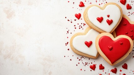 Obraz premium Delicious heart-shaped cookies decorated with red and white icing, surrounded by scattered heart sprinkles, Perfect for Valentine's Day promotions, baking blogs, or festive event decorations,
