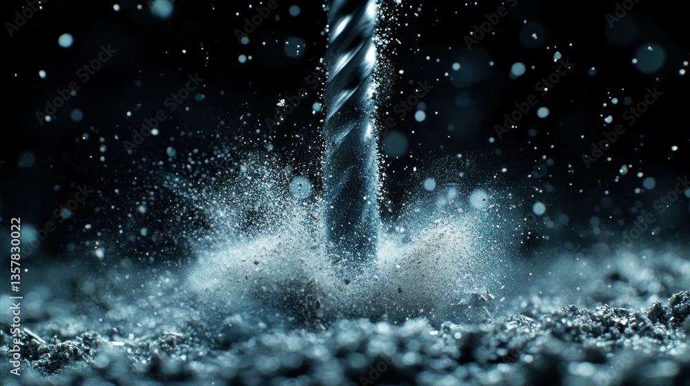 Poster close-up of a drill bit penetrating material, creating a shower of sparks and dust. high-speed drill