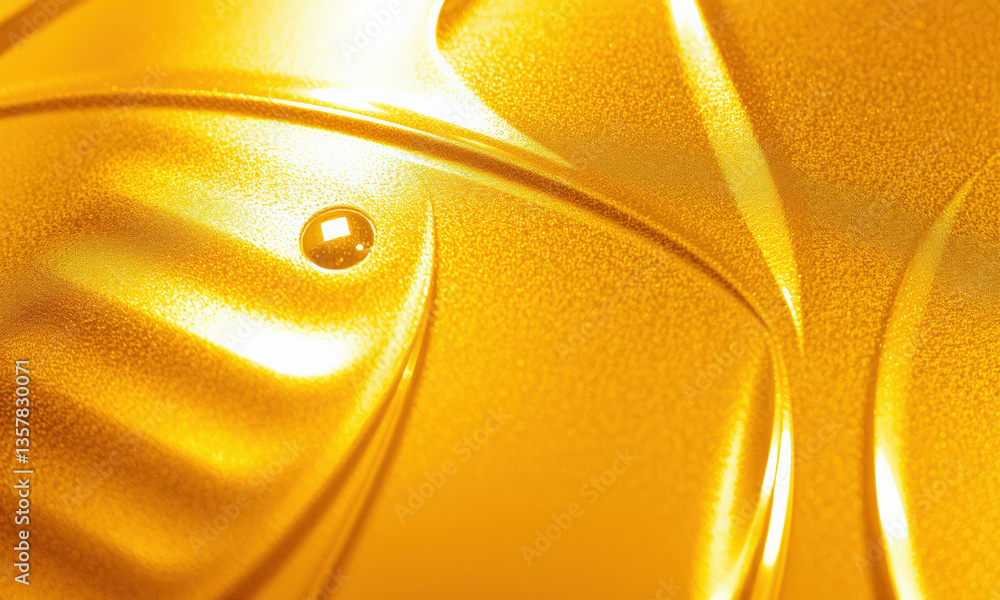 Poster golden liquid texture with smooth, glossy surface, featuring intricate patterns and small droplet re