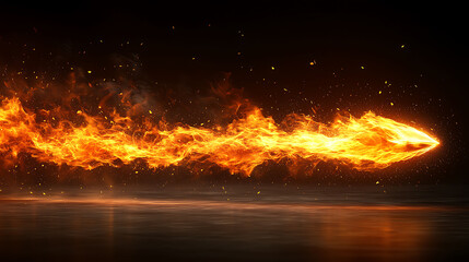 Dramatic fiery projectile streaks across dark background, leaving glowing trail.  Perfect for action, power, speed, and energy concepts. Ideal for website banners, game design, or motion graphics.