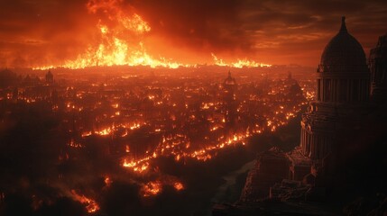 An ancient city's quiet night disrupted by the bright flares of a distant wildfire, a fiery horizon