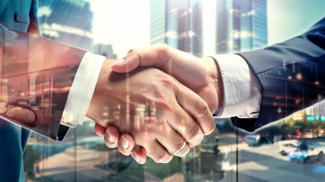 Low-angle video frame of a handshake between two business professionals, set against a backdrop of modern skyscrapers, symbolizing partnership.