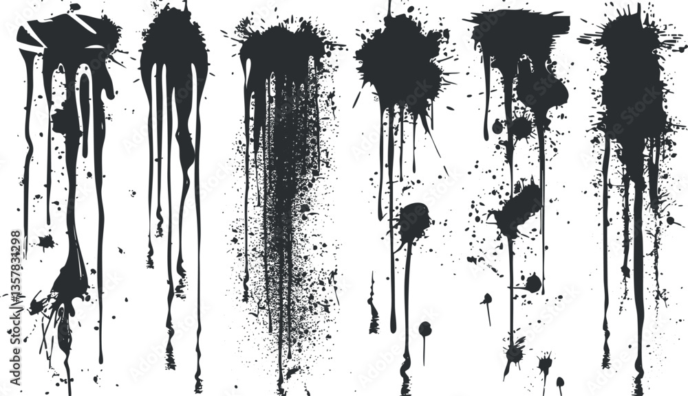 Aufkleber black paint splatters and drips on a white background, creating an abstract pattern.