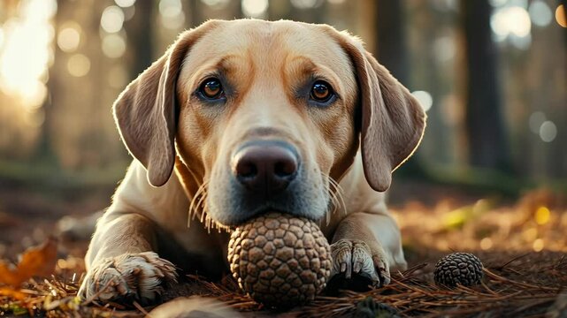 The dog smelled truffles in the forest with his nose