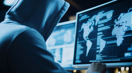 A person sitting at a computer with multiple monitors, analyzing data with a focus on a world map, representing hacking or cybersecurity.
