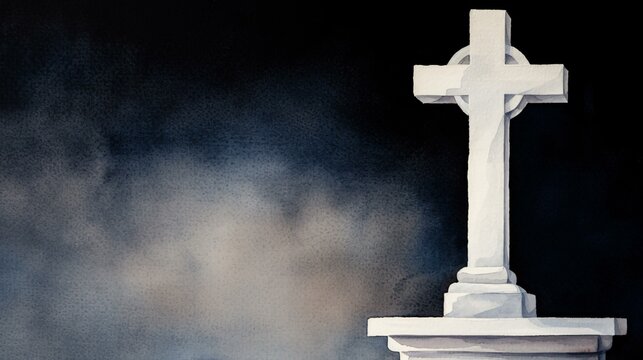 A detailed watercolor of an ancient cross carved into stone, representing the enduring power of faith over centuries.