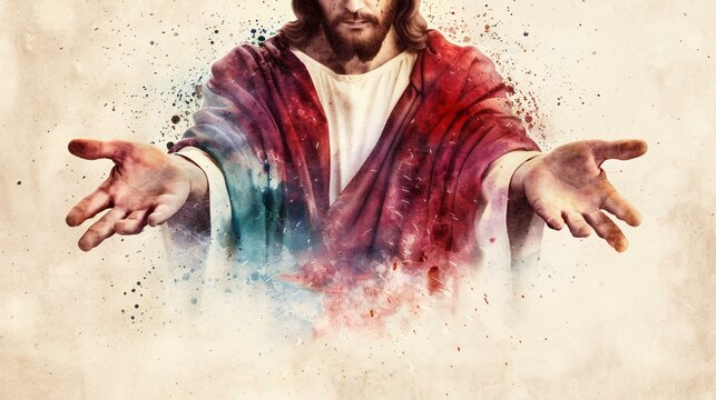 A poetic watercolor of Jesus' hands reaching out from a soft light, symbolizing grace and unconditional love.