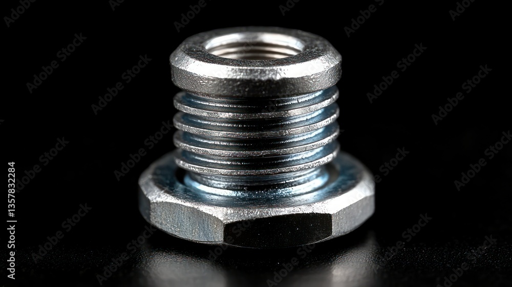 Poster close-up of a metal threaded fitting. high-quality, precise manufacturing. features a hexagonal base