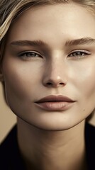 Fototapeta premium Close up portrait of young woman with serene expression and fair complexion