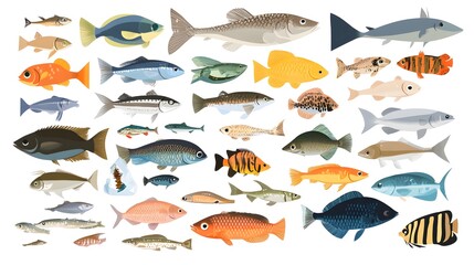 Naklejka premium Aquatic Diversity: A vibrant illustration showcases a diverse array of colorful fish species, each with unique shapes, sizes, and patterns, creating a stunning display of underwater life.