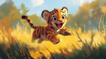 Joyful Tiger Cub in Golden Meadow