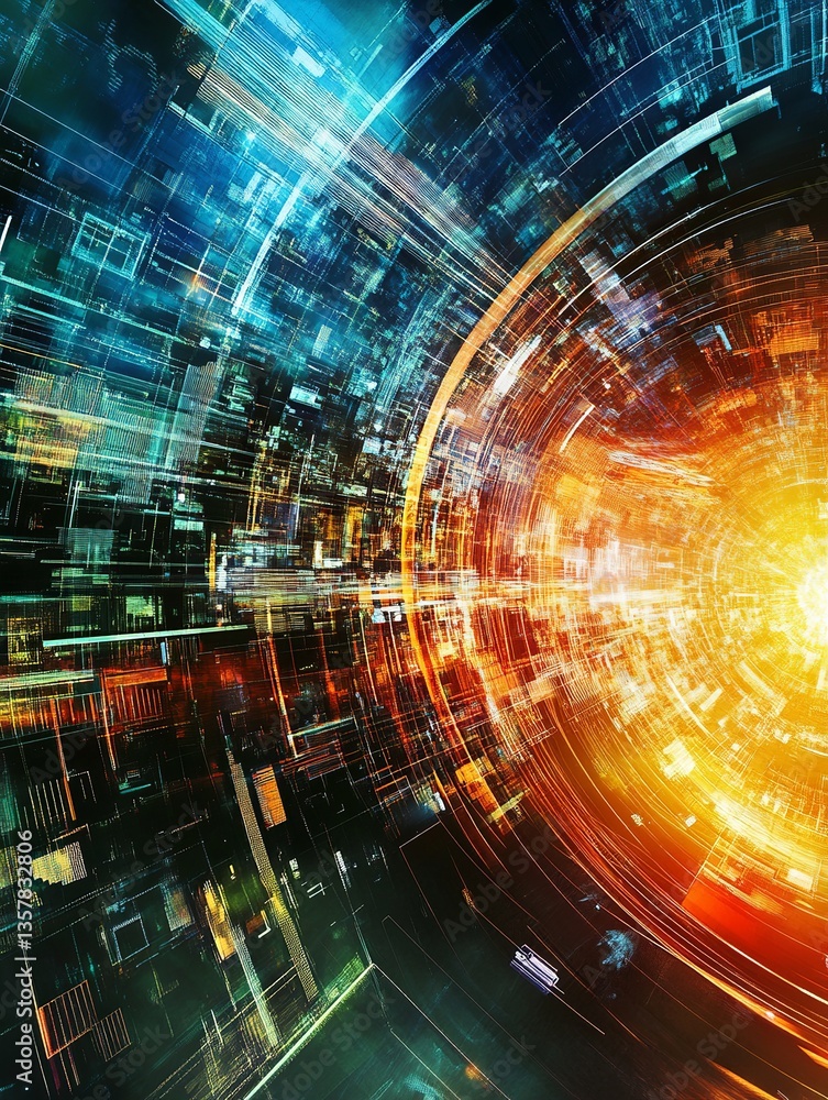 Poster abstract digital tunnel futuristic technology background orange blue green lines network data stream