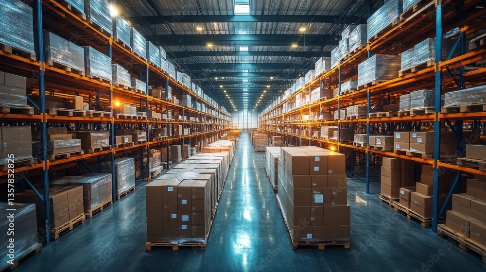 Poster Inside a spacious warehouse, rows of pallets stacked with neatly packaged boxes reflect organized inventory. Workers are busy managing sorting and fulfillment tasks.