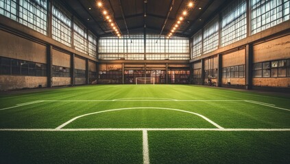 Obraz premium Indoor soccer field in a large industrial space