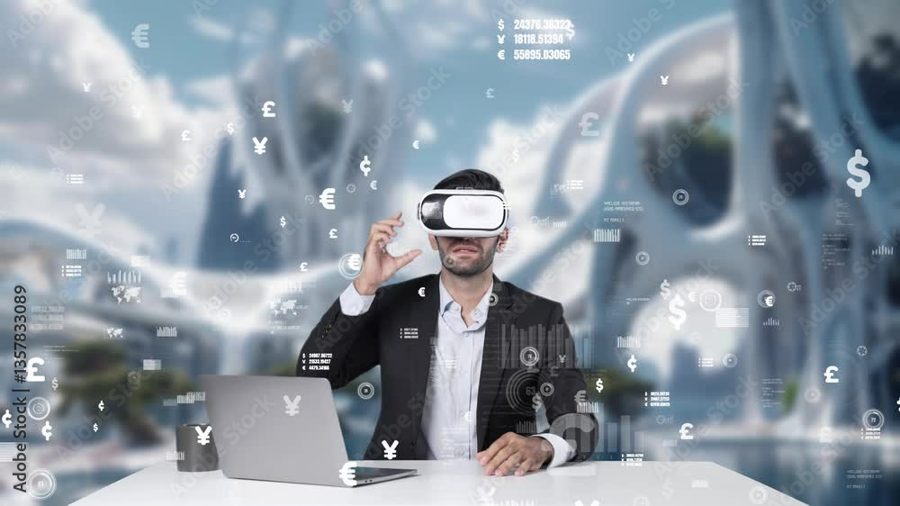 Poster smart manager using vr glasses and looking at currency exchanging and financial chart. professional 