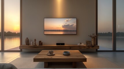 Fototapeta premium A sleek and minimal living room featuring a wooden coffee table at the center and a large flat-screen TV mounted on the wall above the sofa