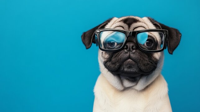 Adorable pug dog wearing glasses on a blue background, cute and playful pet with a stylish and intelligent look