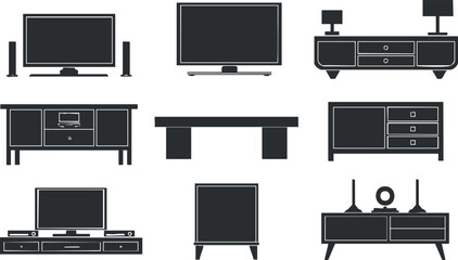 Collection of black and white TV stand and cabinet illustrations.