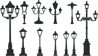 Silhouette collection of vintage street lamps in various designs.