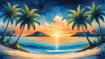 A watercolor landscape painting depicts a tropical beach scene at sunset, showcasing palm trees, sky gradients, stars, birds, and a golden sun reflection, creating a serene atmosphere.