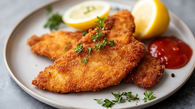 Crispy breaded fish fillets served with lemon wedges and tomato sauce