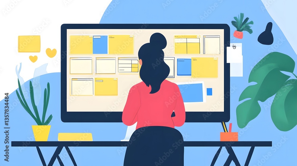 Aufkleber digital workspace: a woman at a computer, showcasing an abstract and dynamic interface with sticky n
