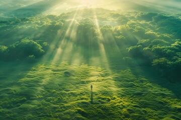Obraz premium A solitary figure standing in the heart of a sprawling forest, illuminated by the gentle touch of sunlight filtering through the branches.