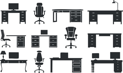 Silhouettes of various office desks and chairs in black and white.