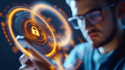 A man using a smartphone, surrounded by a glowing digital security interface with a lock symbol.

