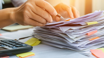 A person writing on papers stacked with sticky notes, next to a calculator and other office items.
