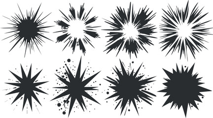 Obraz premium Set of black starburst and explosion graphic illustrations on white background.