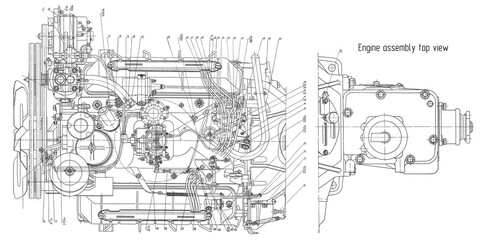 Engine assembly of cargo vehicle. Top view.
Engineering mechanical drawing of automotive
device. Industrial cad scheme on white paper sheet. 
Technology design of machine building industry.