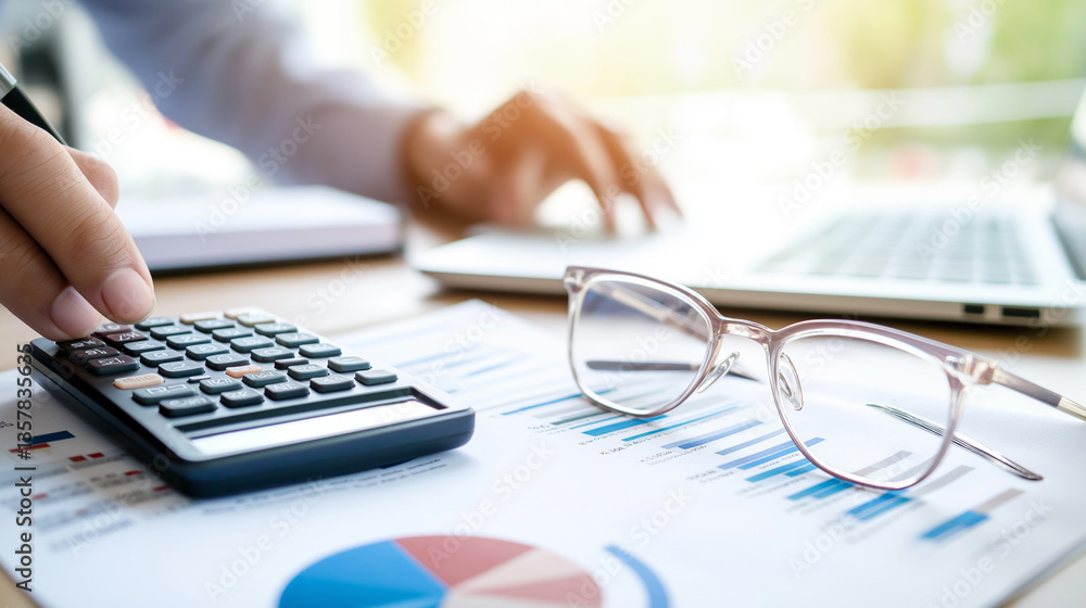 Poster a person using a calculator and a laptop while working on financial documents with charts and graphs