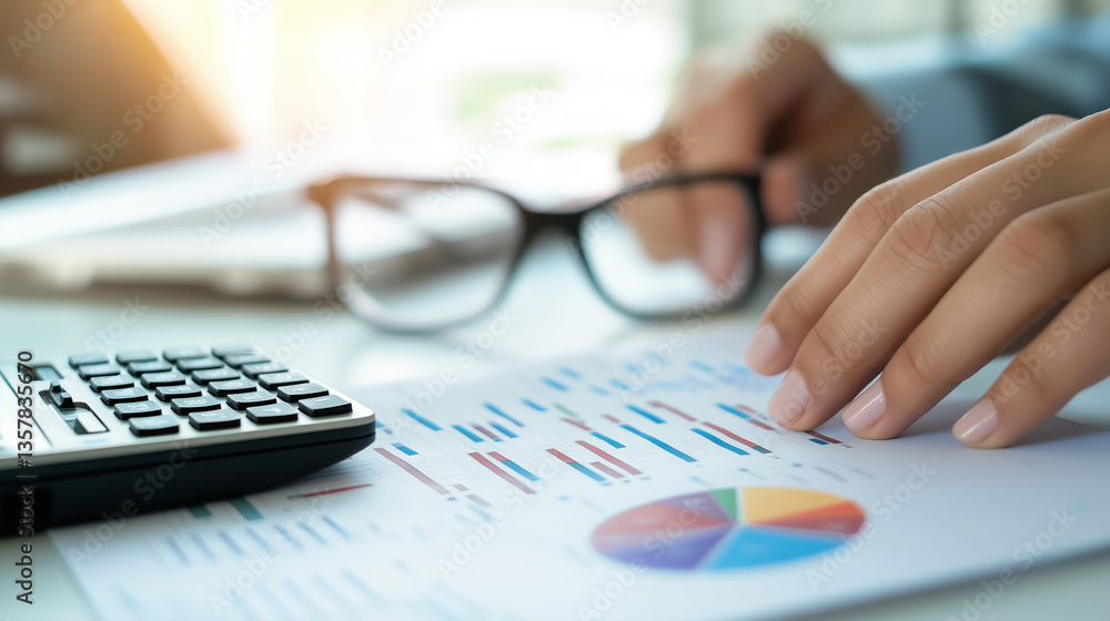 Poster a person using a calculator and a laptop while working on financial documents with charts and graphs