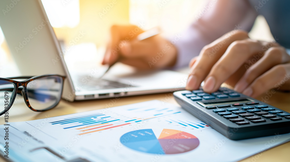 Poster a person using a calculator and a laptop while working on financial documents with charts and graphs