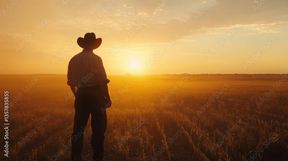 Poster silhouette of a farmer in a vast field at sunrise with golden light casting a warm glow over the hor