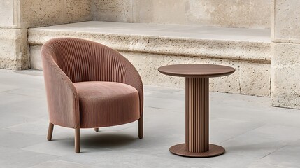 Elegant Modern Chair and Round Side Table in Minimalist Interior Setting with Soft Textures and Warm Colors