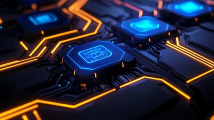 Close-up View of Futuristic Circuit Board with Glowing Blue Chips and Neon Orange Patterns
