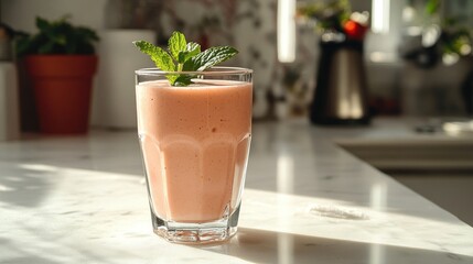 Refreshing Pink Smoothie with Mint Garnish on a Sunlit Kitchen Counter