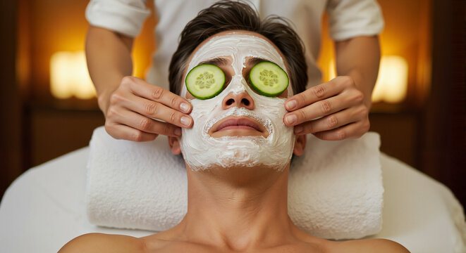 Man receiving facial treatment with cucumbers on eyes