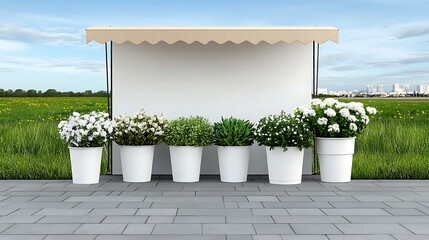 Beautiful Display of Potted Flowers Against Calm Landscape with Green Field and Cityscape in Background
