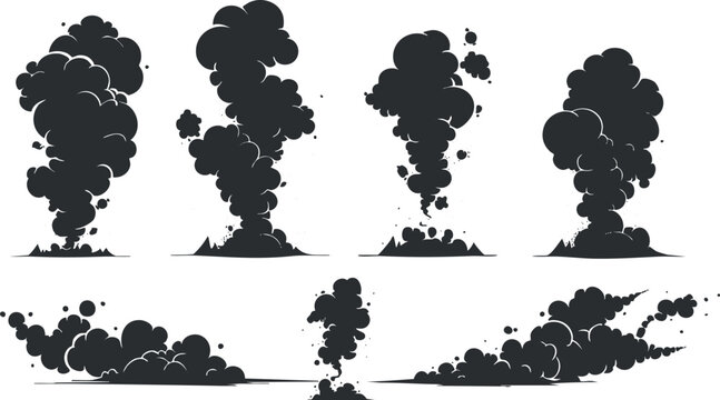 Cartoon smoke explosion vector illustration with various plume shapes.
