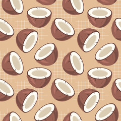 Seamless summer pattern with tropical coconut on beige background. Vector illustration. Perfect for wrapping paper, wallpaper, textiles and decor.