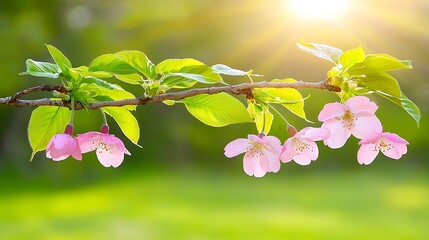 Delicate Pink Blossoms on Branch with Bright Sunlight in Fresh Green Background During Spring Season