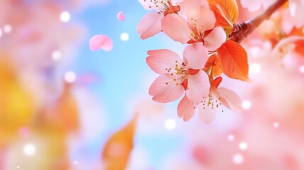 Delicate Cherry Blossom Branch Against a Soft Blue Background with Floating Petals and Gentle Light
