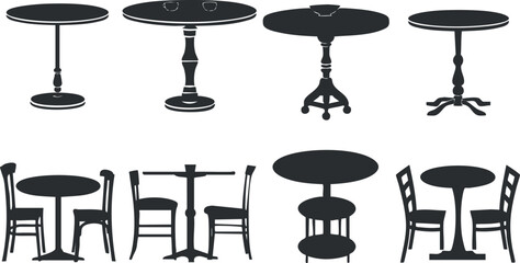 Silhouettes of round tables and chairs in various classic designs.