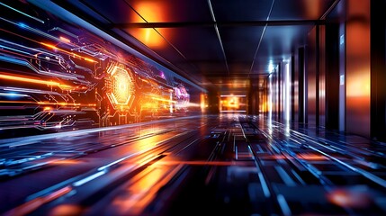 Futuristic Technology Corridor with Colorful Lights and Digital Circuit Patterns in a Sci-Fi Environment
