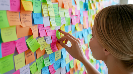 A woman placing a sticky note on a colorful wall full of post-it notes.
